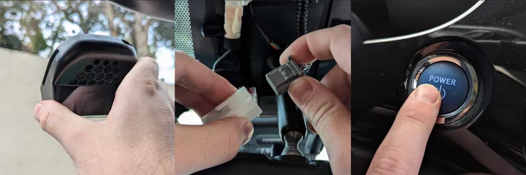 Official installation photos showing the comma four and car connection
